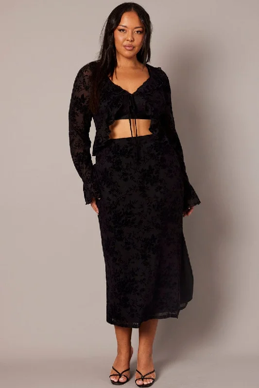 Black Burnout Elastic Waist Skirt