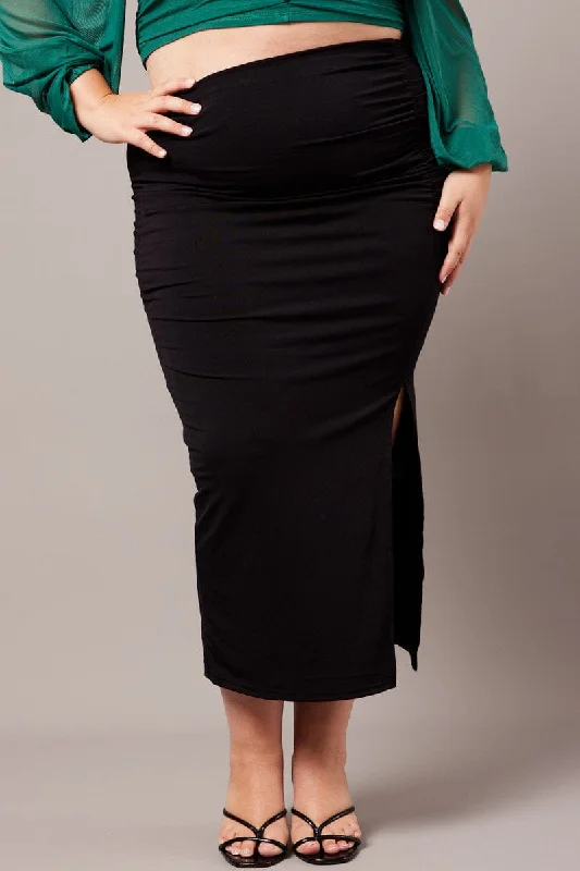 Black Ruched Front Midi Bodycon Skirt