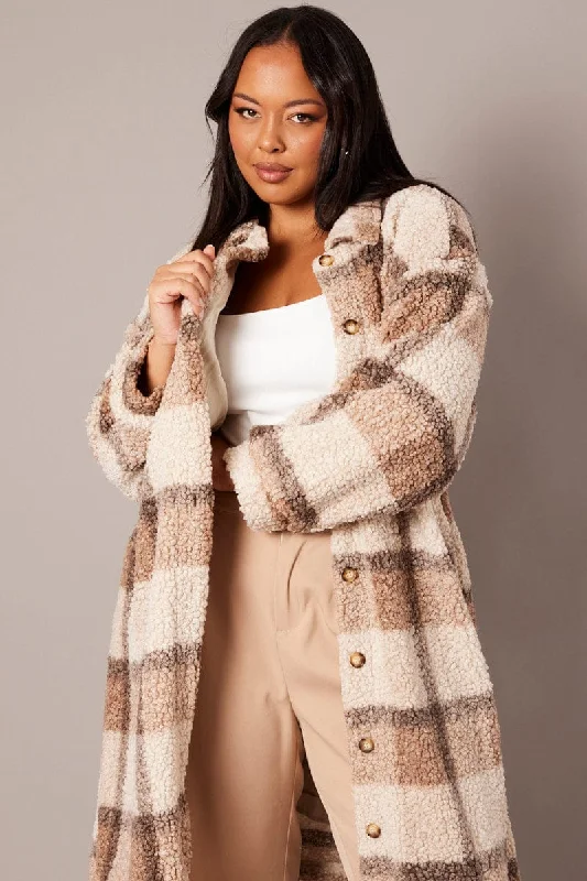 Brown Check Longline Boucle Teddy Coat