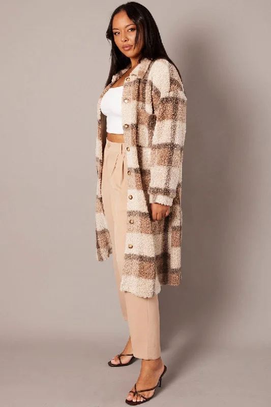 Brown Check Longline Boucle Teddy Coat