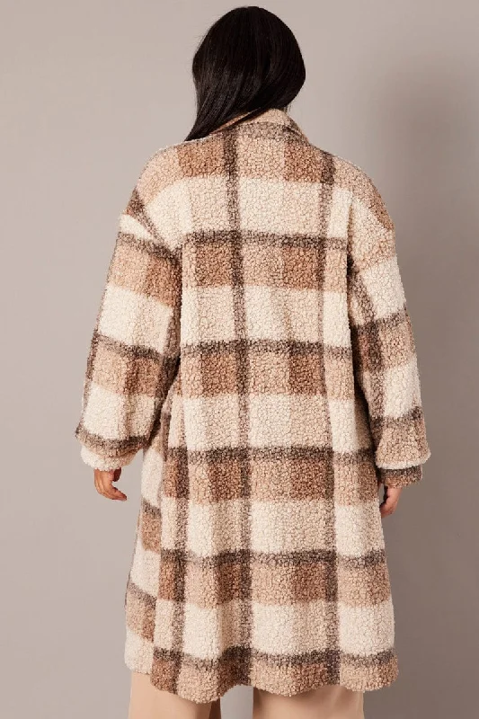 Brown Check Longline Boucle Teddy Coat