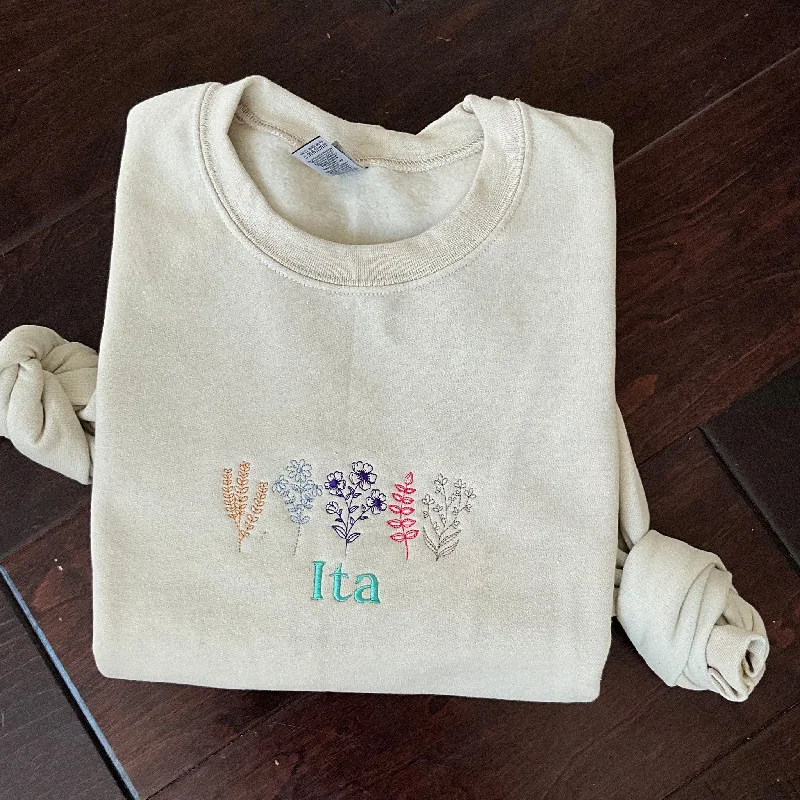 Custom Simple Name and Beautiful Floral Embroidery Vintage Sweatshirt, ES026