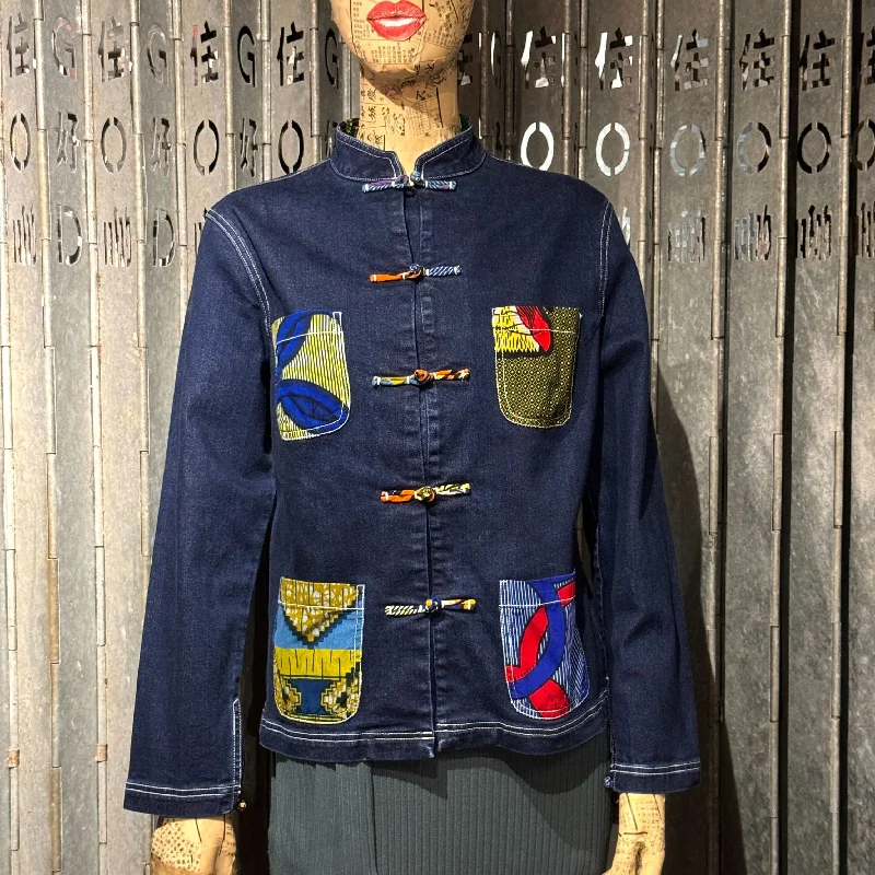 Denim Jacket Knot Button with 4 Patchwork Pockets