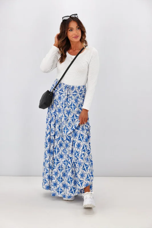 New U Collection Blue White Sun Print Maxi Skirt