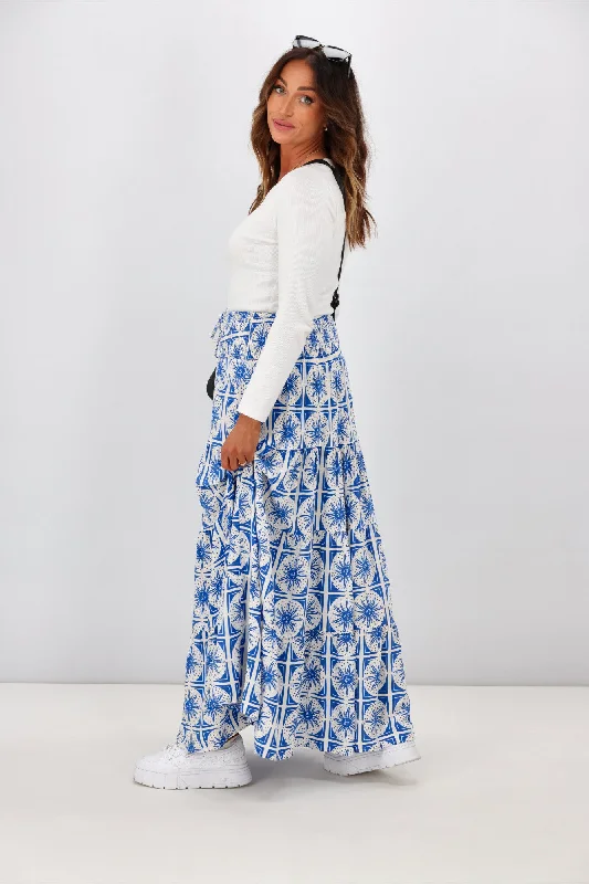 New U Collection Blue White Sun Print Maxi Skirt