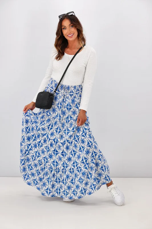 New U Collection Blue White Sun Print Maxi Skirt