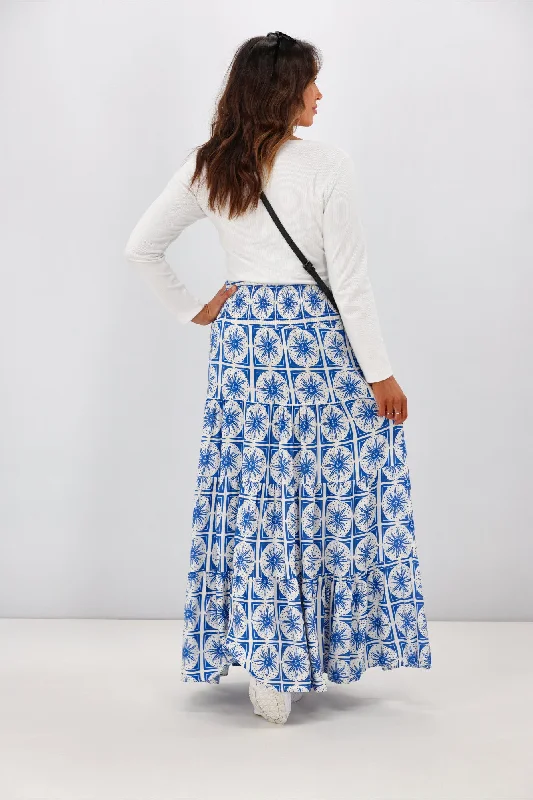 New U Collection Blue White Sun Print Maxi Skirt