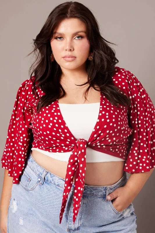 Polka Dot Crop Borelo Short Sleeve Tie Up