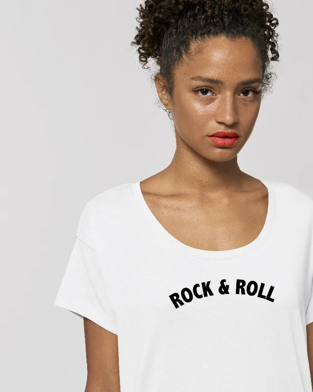 'ROCK & ROLL' EMBROIDERED WOMEN'S SCOOP NECK RELAXED FIT ORGANIC COTTON T-SHIRT