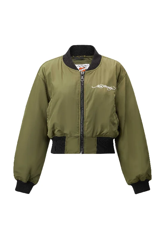 Womens City Night Cropped Bomber Jacket - Green