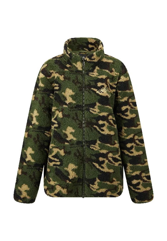 Womens Dragon & Rose Camo Zip Thru Borg Fleece Jacket - Green Camo