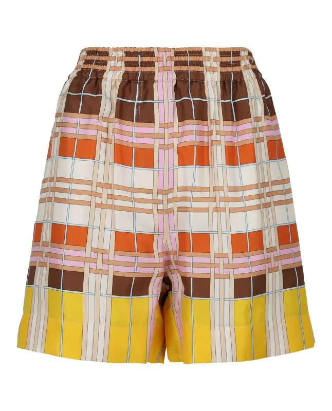 Abstract-Check Silk Shorts