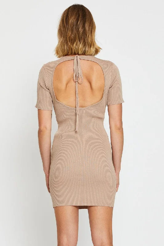 Beige Bodycon Dress Mini Knit