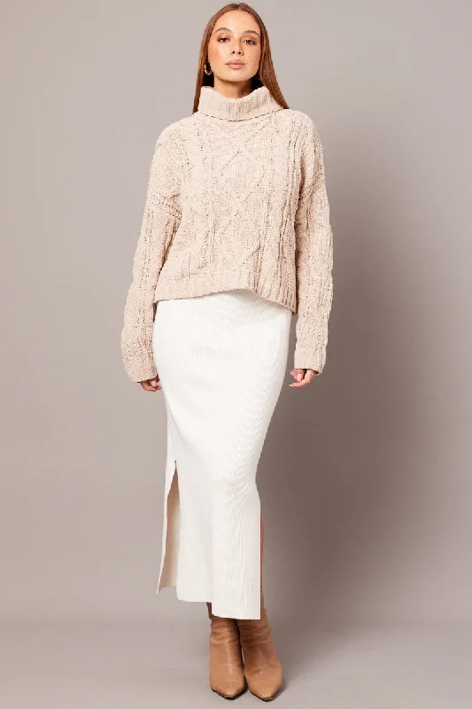 Beige Cable Knit Jumper High Neck