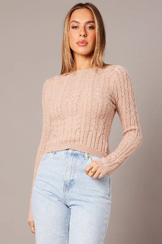 Beige Cable Knit Top Long Sleeve