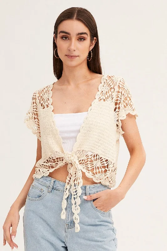 Beige Crochet Cardigan Short Sleeve Tie Up