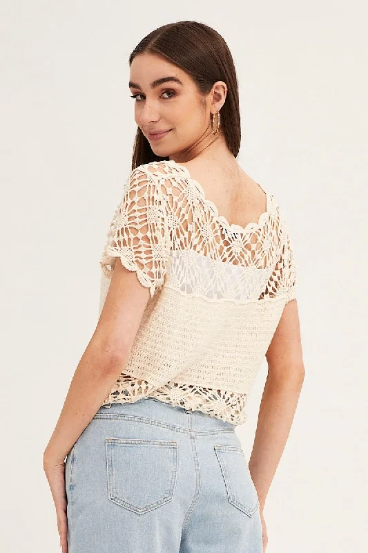 Beige Crochet Cardigan Short Sleeve Tie Up