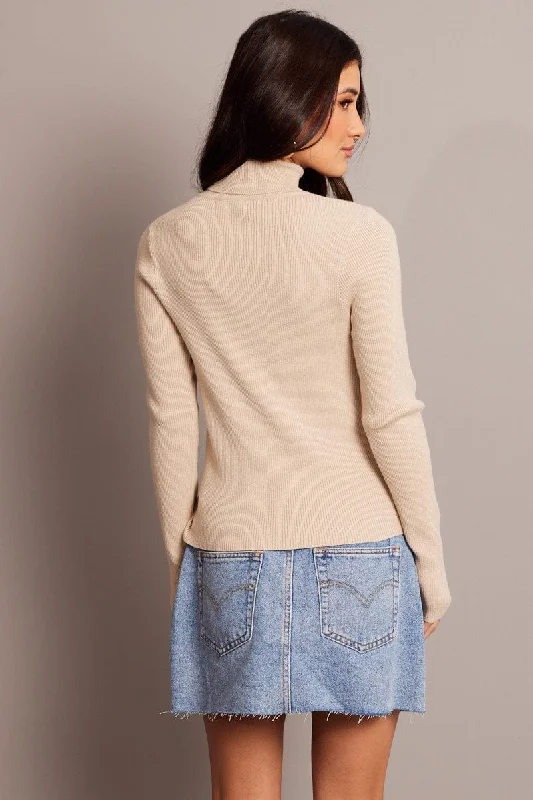 Beige Knit Top Long Sleeve High Neck