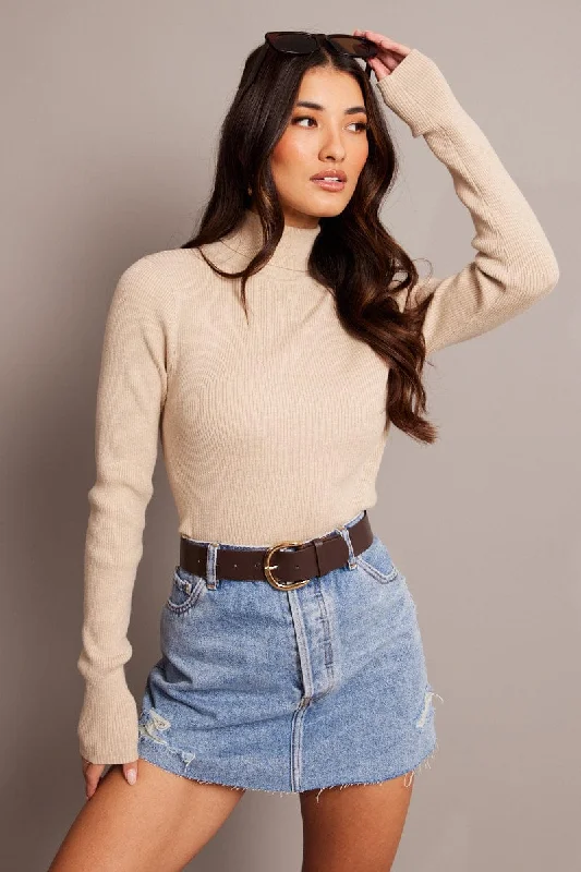 Beige Knit Top Long Sleeve High Neck