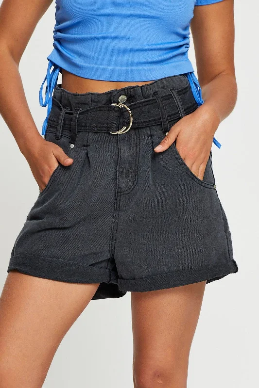 Black Belted Denim Shorts High Rise