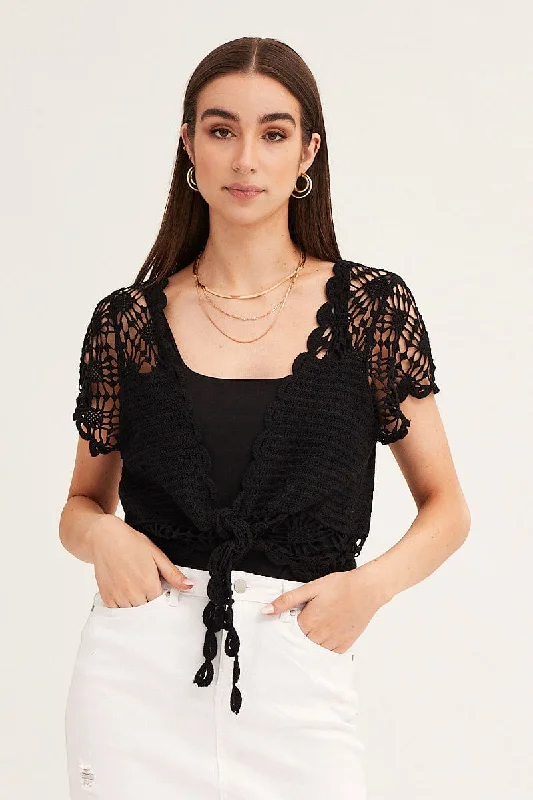 Black Crochet Cardigan Short Sleeve Tie Up