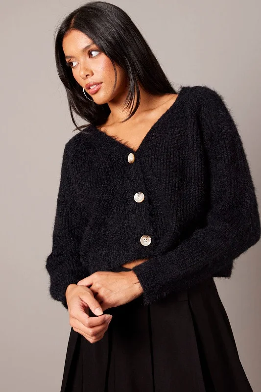 Black Fluffy Knit Cardigan V Neck