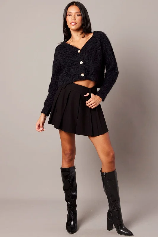 Black Fluffy Knit Cardigan V Neck