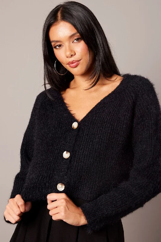 Black Fluffy Knit Cardigan V Neck