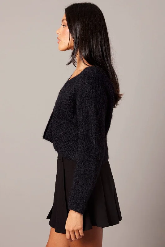 Black Fluffy Knit Cardigan V Neck