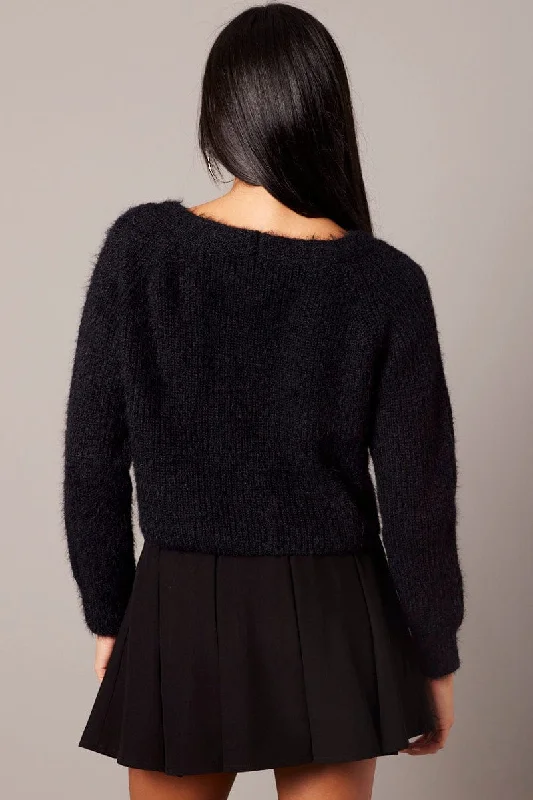 Black Fluffy Knit Cardigan V Neck