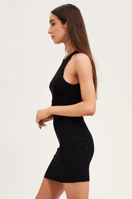 Black Knit Dress Mini Round Neck