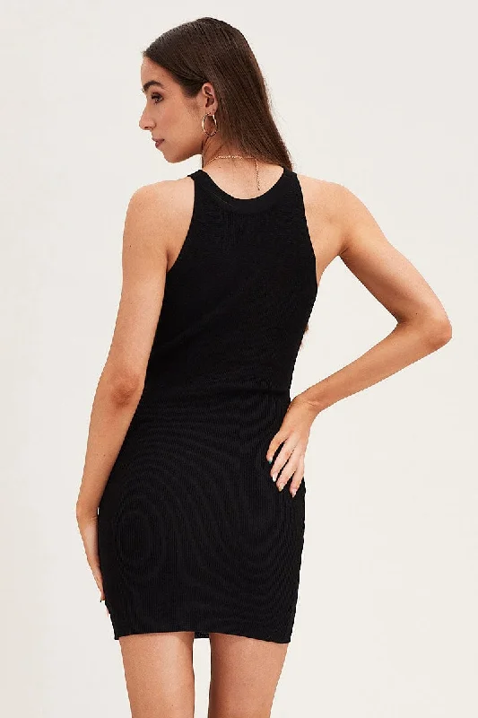 Black Knit Dress Mini Round Neck