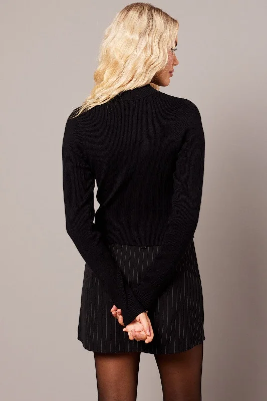 Black Knit Top Long Sleeve Funnel Neck