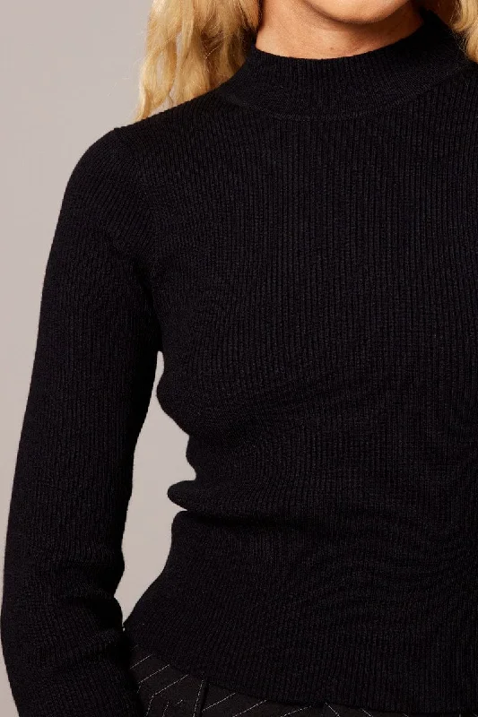 Black Knit Top Long Sleeve Funnel Neck