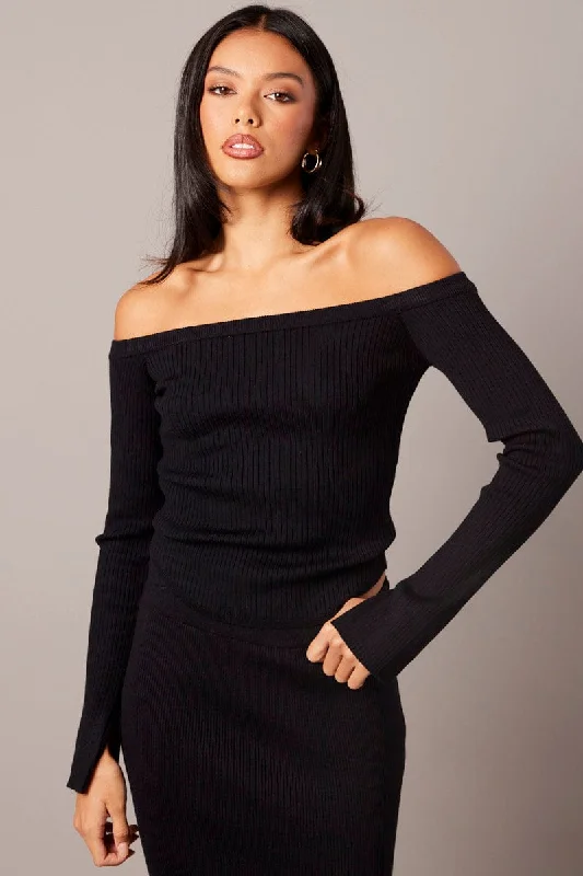 Black Knit Top Long Sleeve Off Shoulder