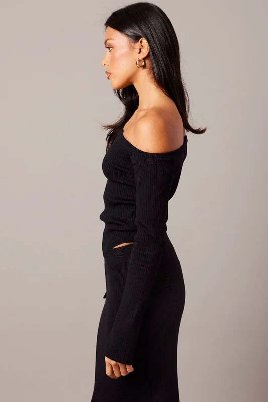 Black Knit Top Long Sleeve Off Shoulder