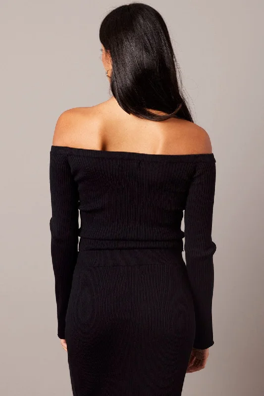 Black Knit Top Long Sleeve Off Shoulder