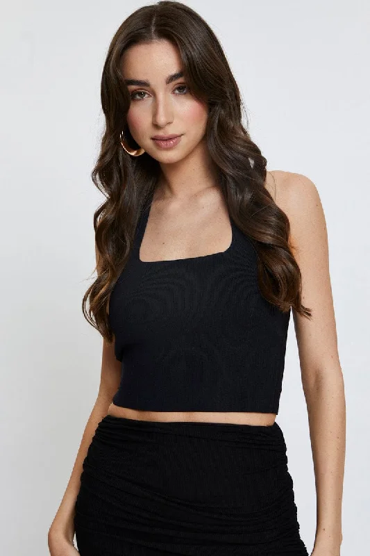 Black Knit Top Sleeveless Crop Halter