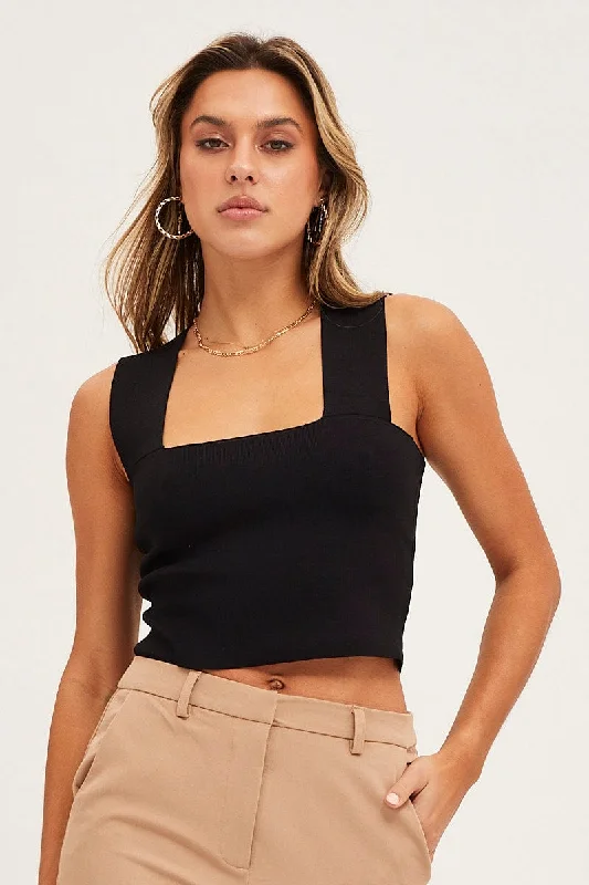 Black Knit Top Sleeveless Crop Square Neck