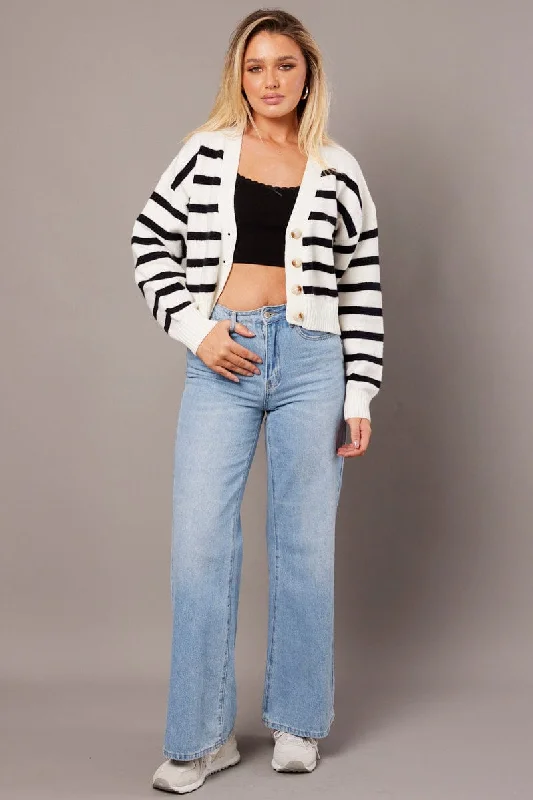 Black Stripe Knit Cardigan Long Sleeve V Neck Oversized Fit