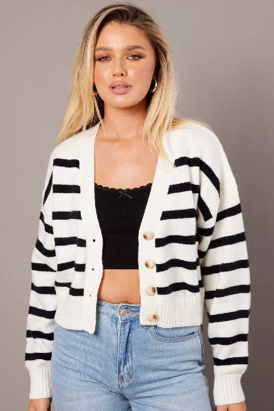 Black Stripe Knit Cardigan Long Sleeve V Neck Oversized Fit