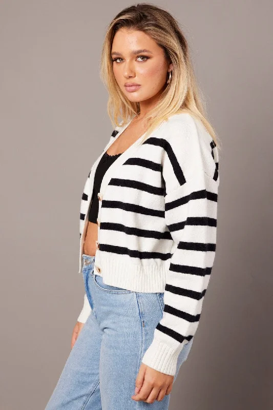 Black Stripe Knit Cardigan Long Sleeve V Neck Oversized Fit