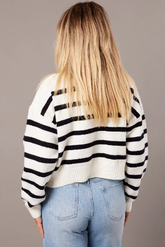 Black Stripe Knit Cardigan Long Sleeve V Neck Oversized Fit