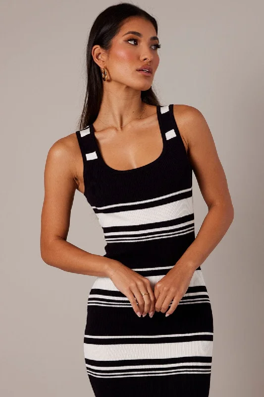 Black Stripe Knit Dress Sleeveless Midi