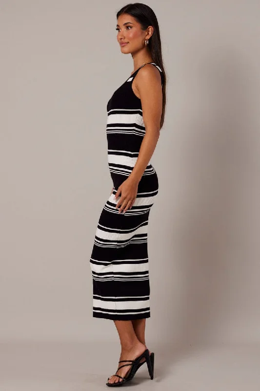 Black Stripe Knit Dress Sleeveless Midi