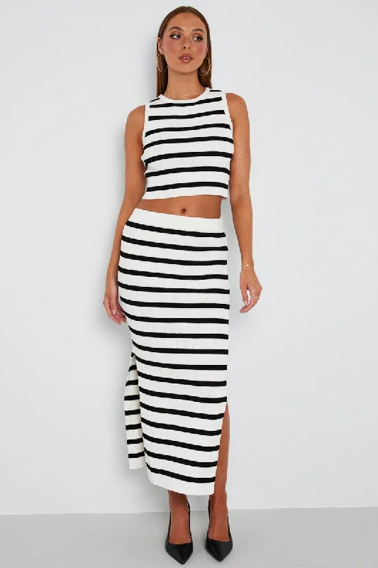 Black Stripe Knit Skirt High Rise Maxi