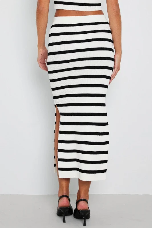 Black Stripe Knit Skirt High Rise Maxi