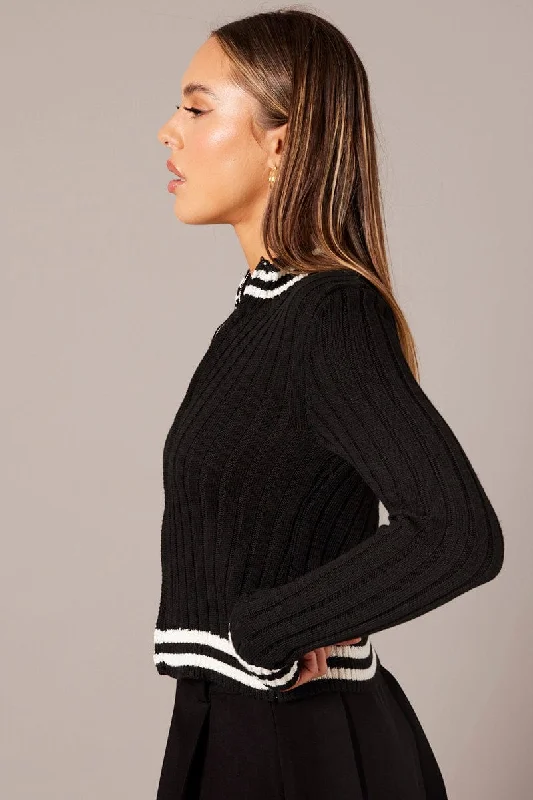 Black Zip Up Cardigan Long Sleeve Mock Neck Stripe Trim