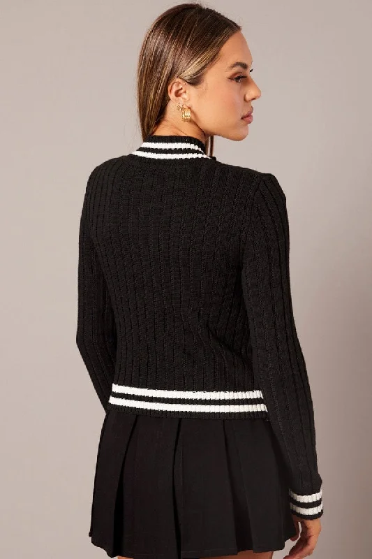 Black Zip Up Cardigan Long Sleeve Mock Neck Stripe Trim