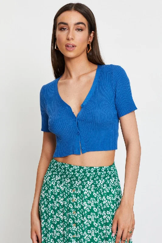 Blue Knit Cardigan Short Sleeve